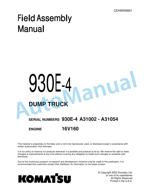 Komatsu 930E-4 Dump Truck Field Assembly Instruction CEAW006601