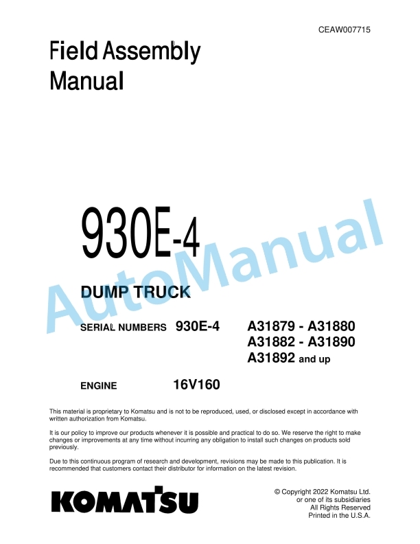 Komatsu 930E-4 Dump Truck Field Assembly Instruction CEAW007715