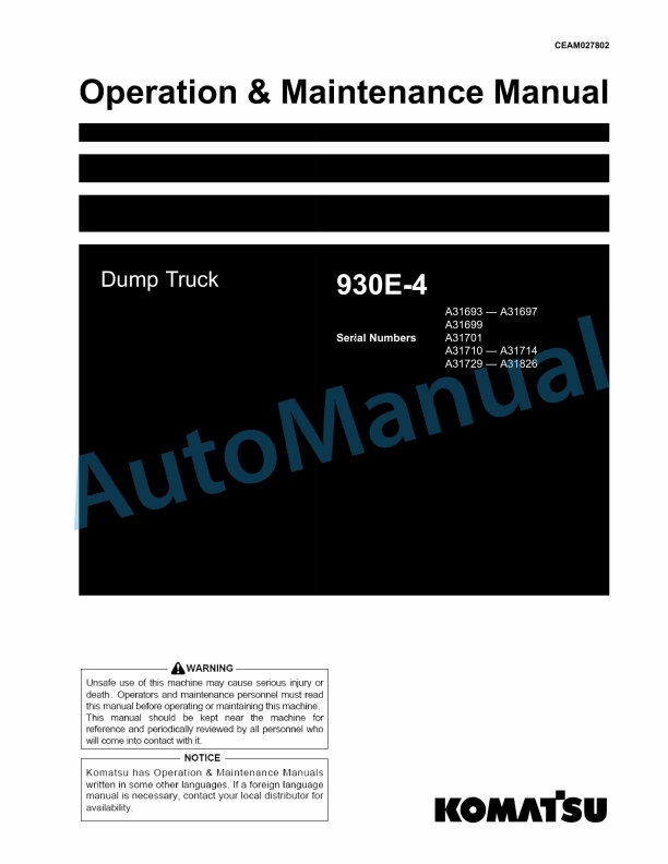 Komatsu 930E-4 Dump Truck Operation and Maintenance Manual CEAM027802