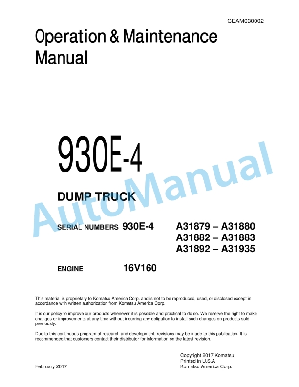 Komatsu 930E-4 Dump Truck Operation and Maintenance Manual CEAM030002