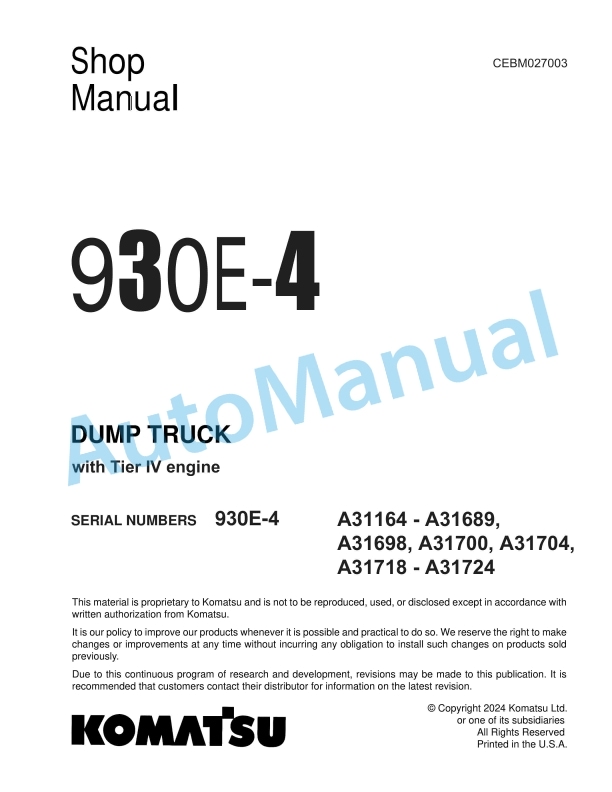 Komatsu 930E-4 Dump Truck Shop Manual CEBM027003