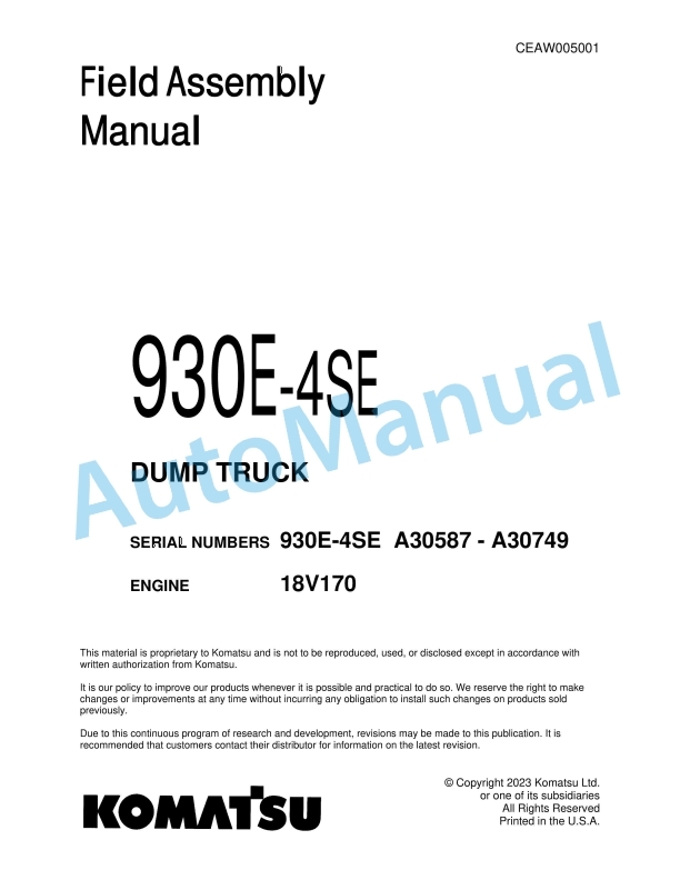 Komatsu 930E-4SE Dump Truck Field Assembly Instruction CEAW005001
