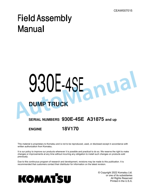 Komatsu 930E-4SE Dump Truck Field Assembly Instruction CEAW007015