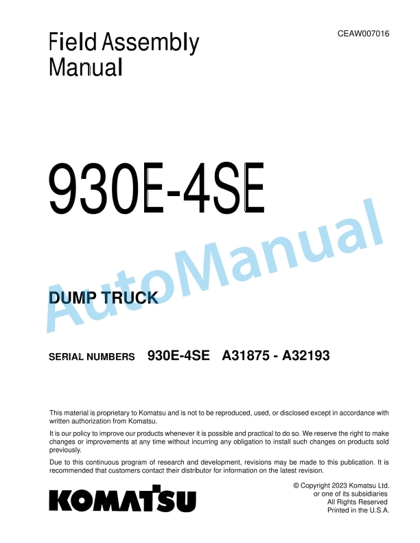 Komatsu 930E-4SE Dump Truck Field Assembly Instruction CEAW007016