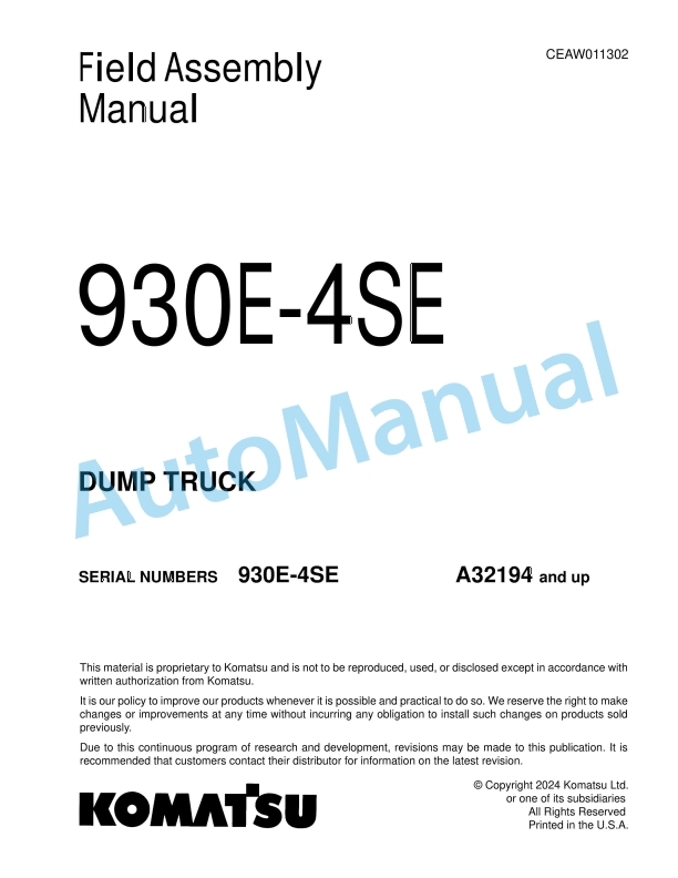 Komatsu 930E-4SE Dump Truck Field Assembly Instruction CEAW011302