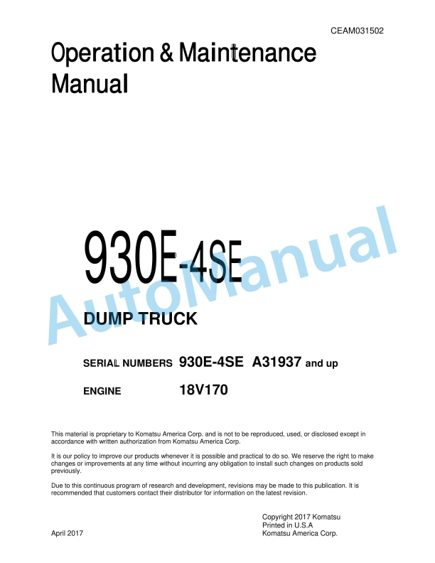 Komatsu 930E-4SE Dump Truck Operation and Maintenance Manual CEAM031502