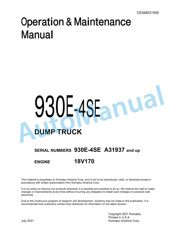Komatsu 930E-4SE Dump Truck Operation and Maintenance Manual CEAM031505