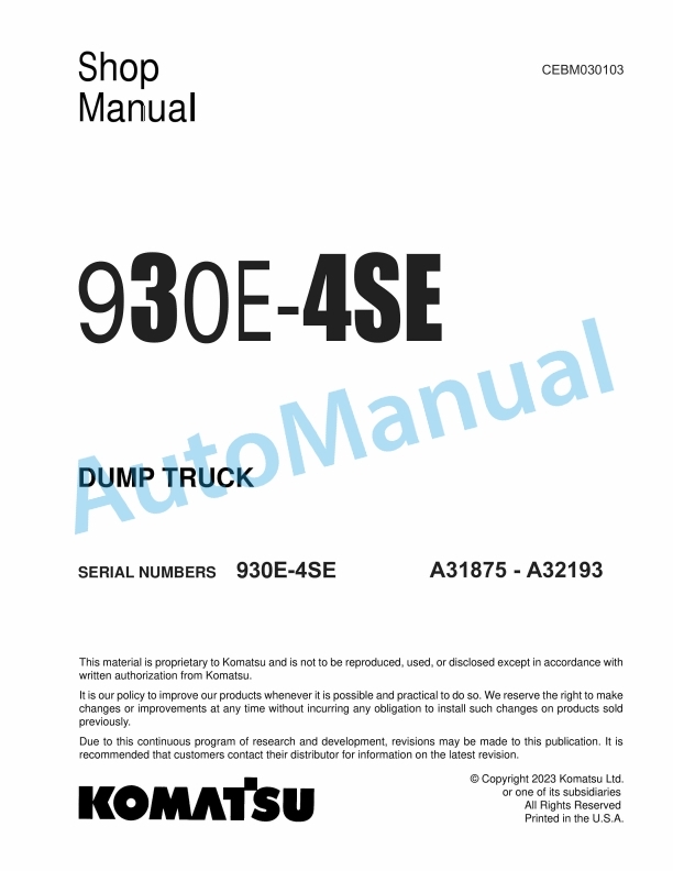 Komatsu 930E-4SE Dump Truck Shop Manual CEBM030103