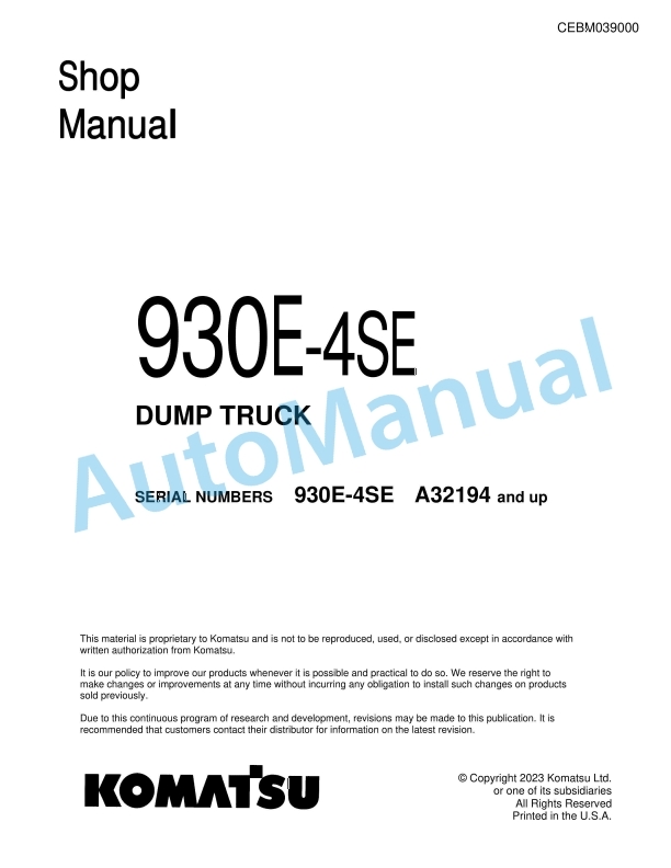 Komatsu 930E-4SE Dump Truck Shop Manual CEBM039000