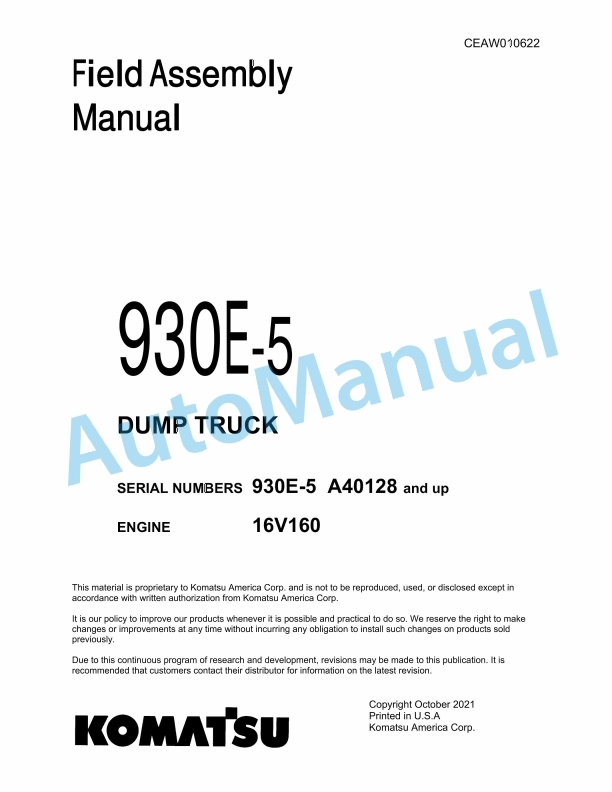 Komatsu 930E-5 Dump Truck Field Assembly Instruction CEAW010622