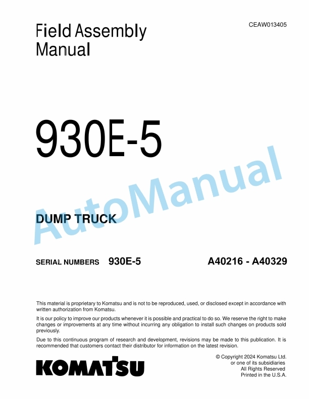 Komatsu 930E-5 Dump Truck Field Assembly Instruction CEAW013405