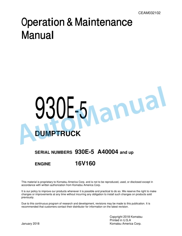 Komatsu 930E-5 Dump Truck Operation and Maintenance Manual CEAM032102