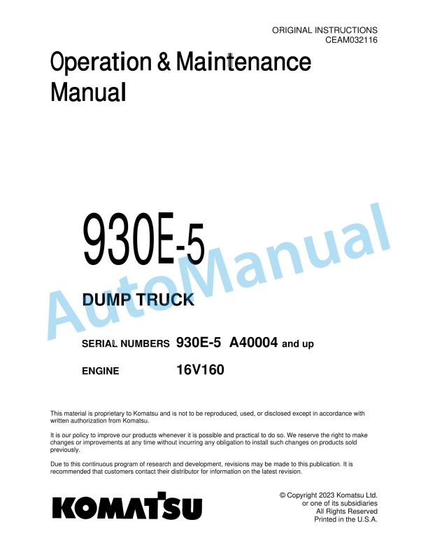 Komatsu 930E-5 Dump Truck Operation and Maintenance Manual CEAM032116