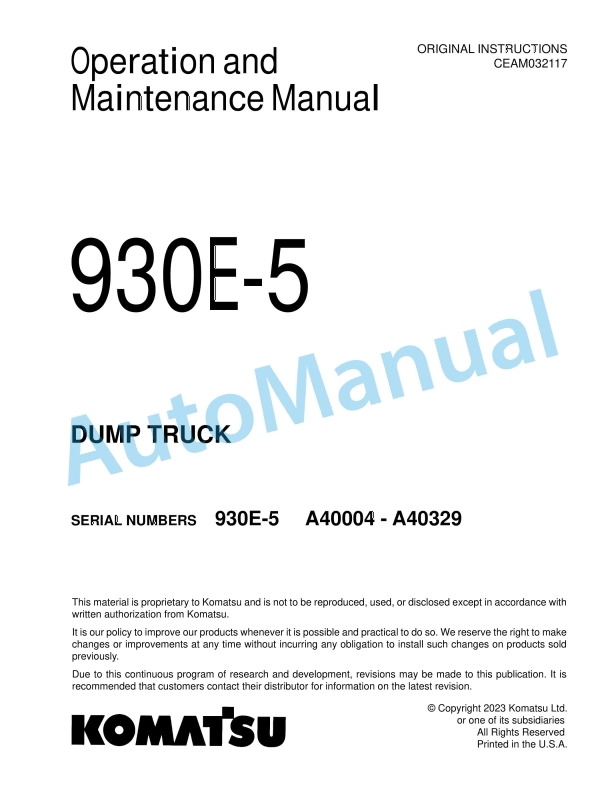 Komatsu 930E-5 Dump Truck Operation and Maintenance Manual CEAM032117