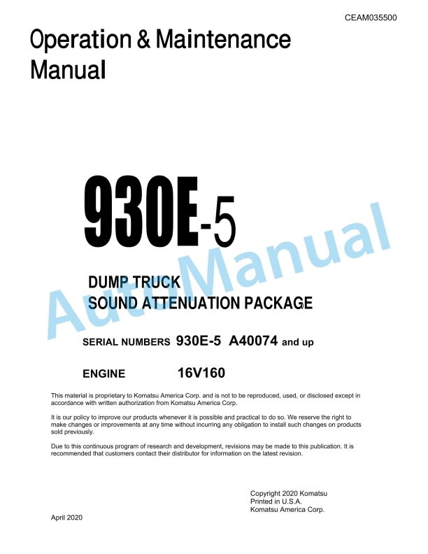Komatsu 930E-5 Dump Truck Operation and Maintenance Manual CEAM035500