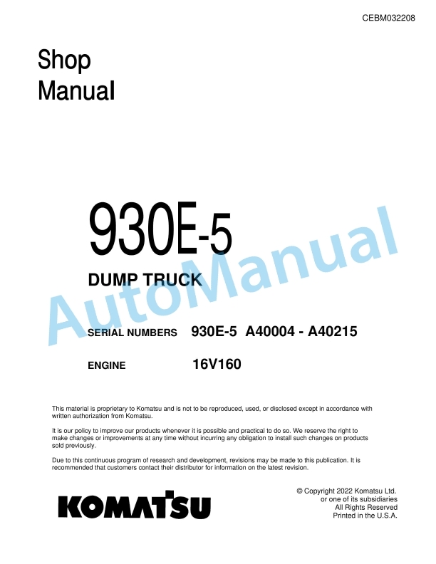Komatsu 930E-5 Dump Truck Shop Manual CEBM032208