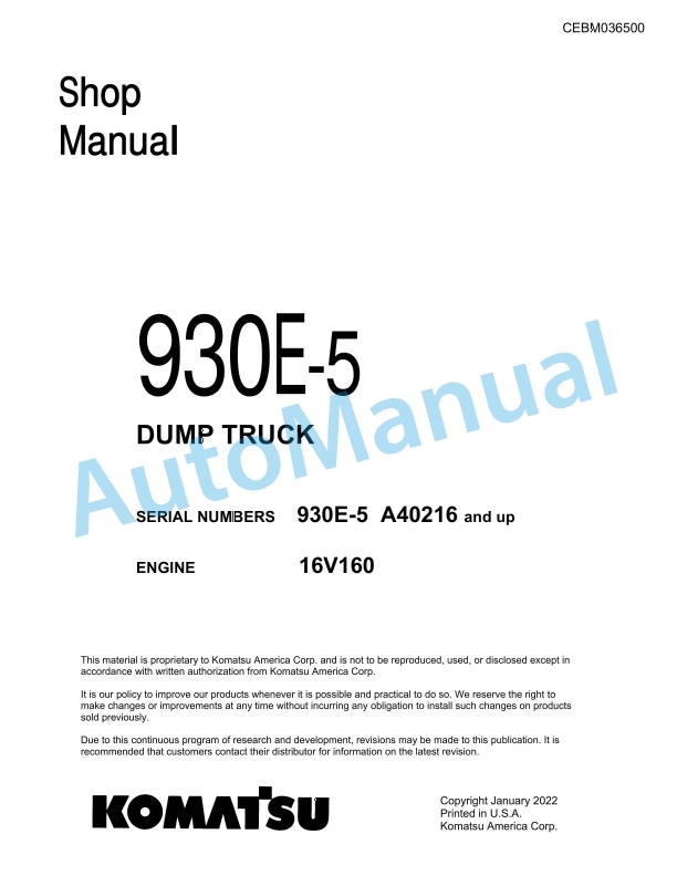 Komatsu 930E-5 Dump Truck Shop Manual CEBM036500