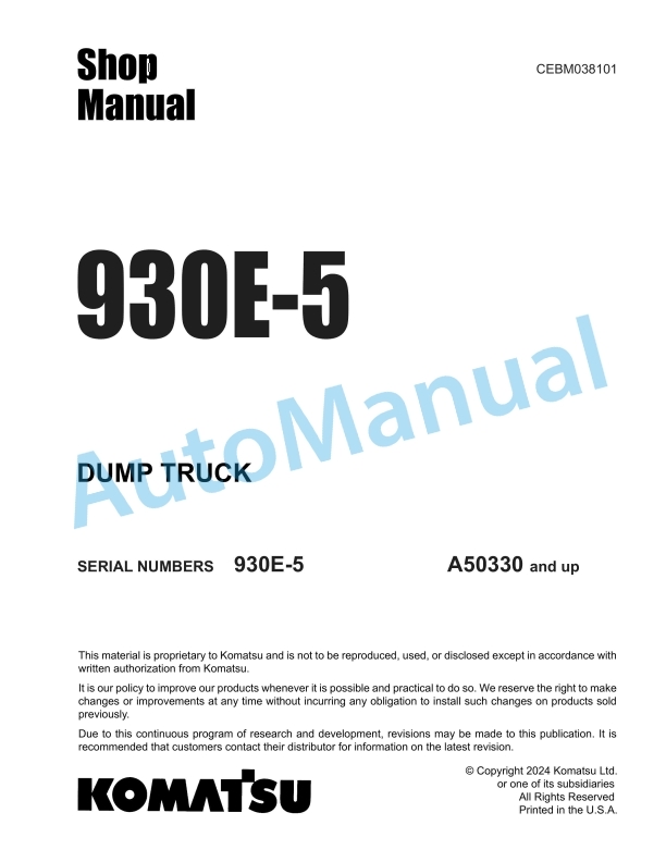 Komatsu 930E-5 Dump Truck Shop Manual CEBM038101