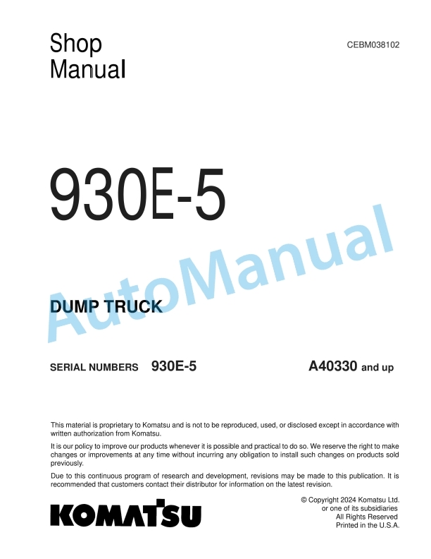 Komatsu 930E-5 Dump Truck Shop Manual CEBM038102