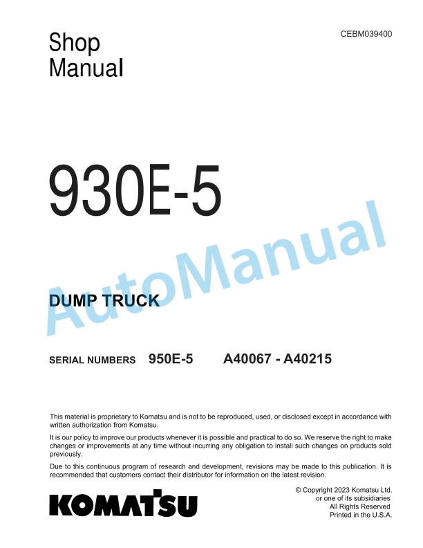 Komatsu 930E-5 Dump Truck Shop Manual CEBM039400