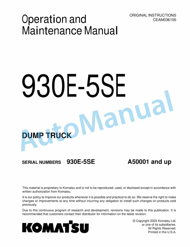 Komatsu 930E-5SE Dump Truck Operation and Maintenance Manual CEAM036100