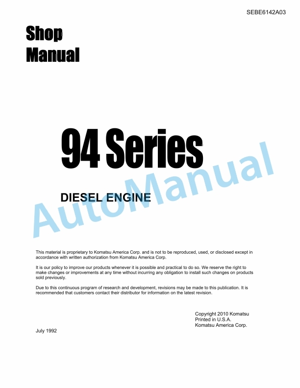 Komatsu 94 Series Diesel Engine Shop Manual SEBE6142A03