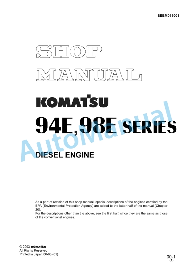 Komatsu 94E, 98E Series Diesel Engine Shop Manual SEBM013001