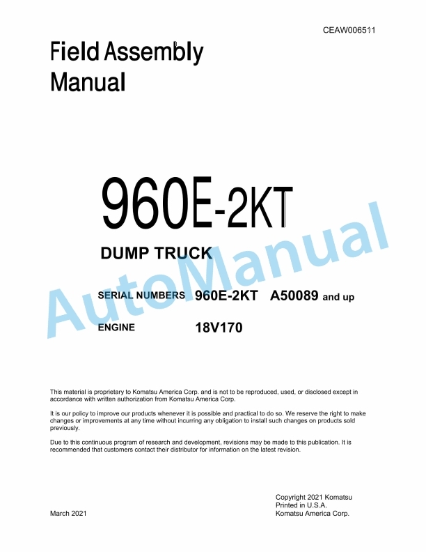 Komatsu 960E-2KT Dump Truck Field Assembly Instruction CEAW006511