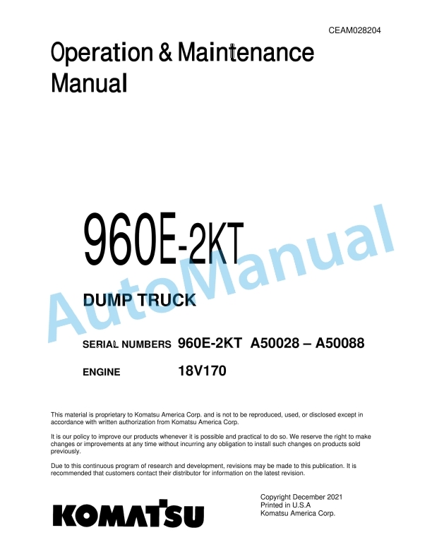 Komatsu 960E-2KT Dump Truck Operation and Maintenance Manual CEAM028204