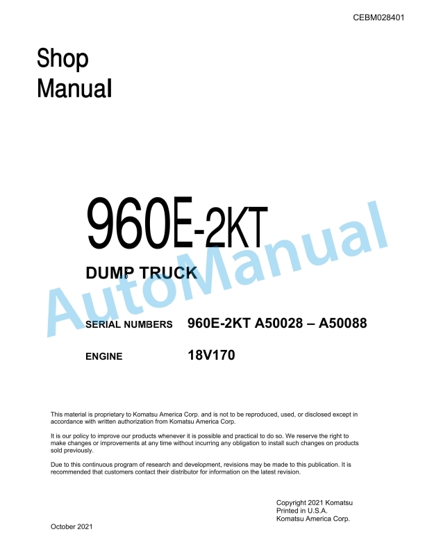 Komatsu 960E-2KT Dump Truck Shop Manual CEBM028401
