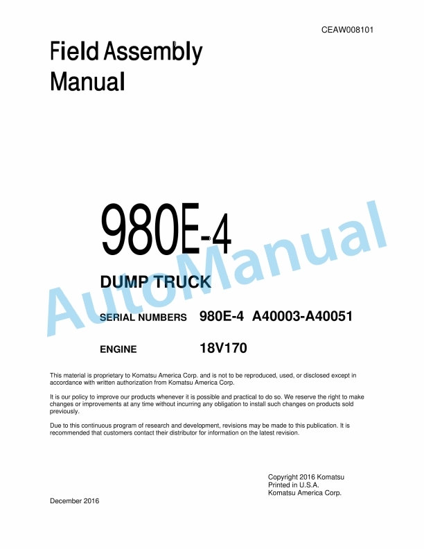 Komatsu 980E-4 Dump Truck Field Assembly Instruction CEAW008101
