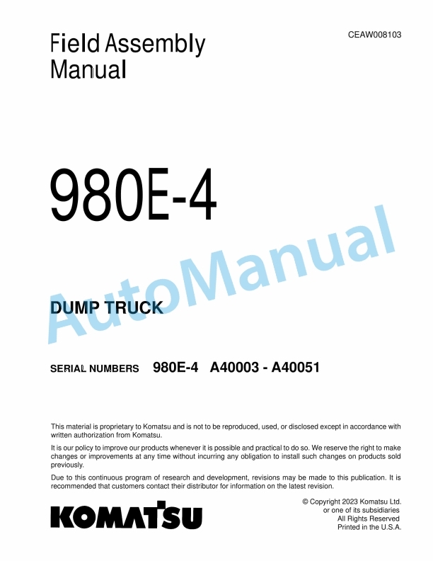 Komatsu 980E-4 Dump Truck Field Assembly Instruction CEAW008103
