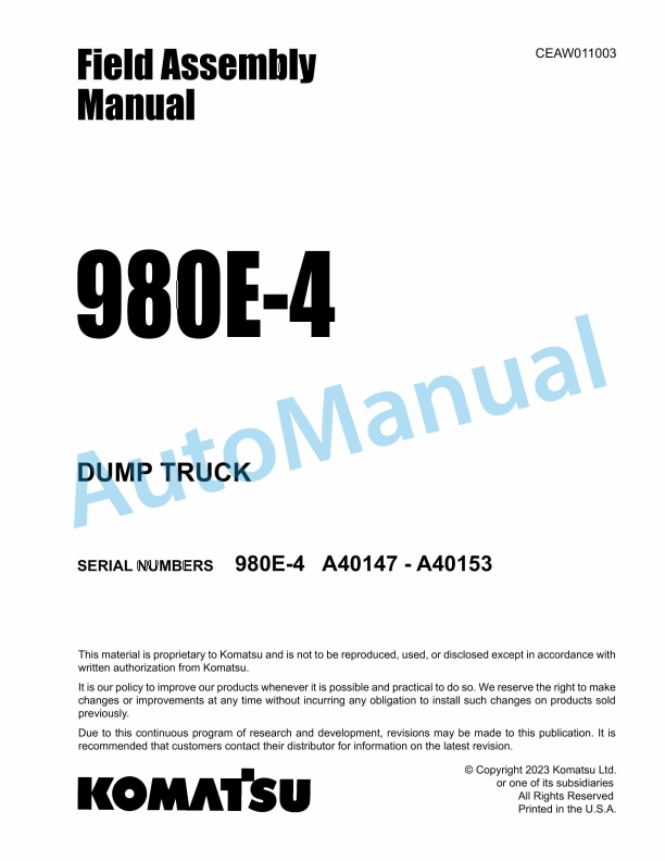 Komatsu 980E-4 Dump Truck Field Assembly Instruction CEAW011003