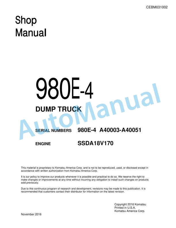 Komatsu 980E-4 Dump Truck Shop Manual CEBM031002