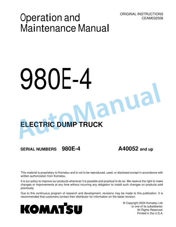 Komatsu 980E-4 Electric Dump Truck Operation and Maintenance Manual CEAM032506
