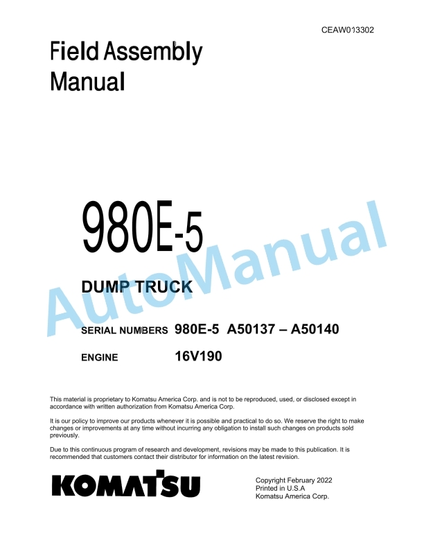 Komatsu 980E-5 Dump Truck Field Assembly Instruction CEAW013302