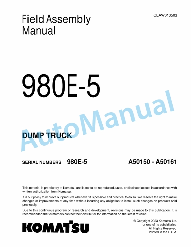 Komatsu 980E-5 Dump Truck Field Assembly Instruction CEAW013503