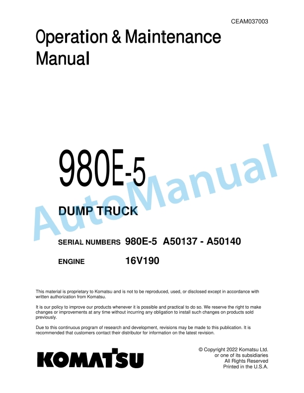 Komatsu 980E-5 Dump Truck Operation and Maintenance Manual CEAM037003