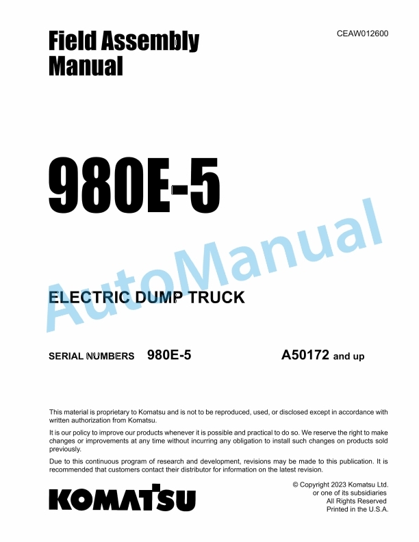 Komatsu 980E-5 Electric Dump Truck Field Assembly Instruction CEAW012600