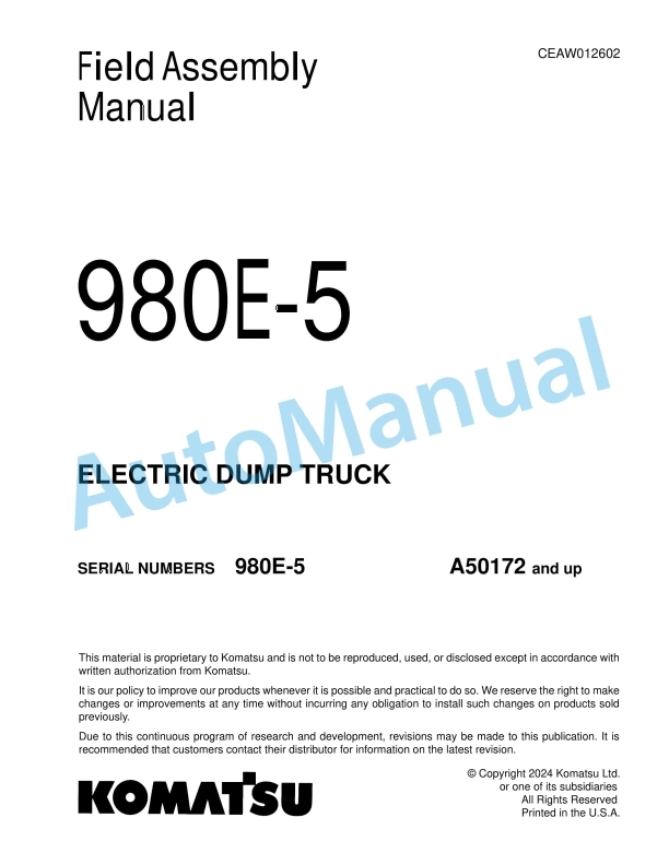 Komatsu 980E-5 Electric Dump Truck Field Assembly Instruction CEAW012602