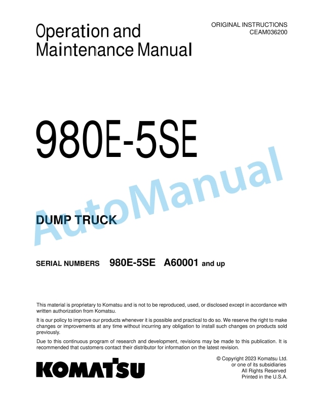 Komatsu 980E-5SE Dump Truck Operation and Maintenance Manual CEAM036200