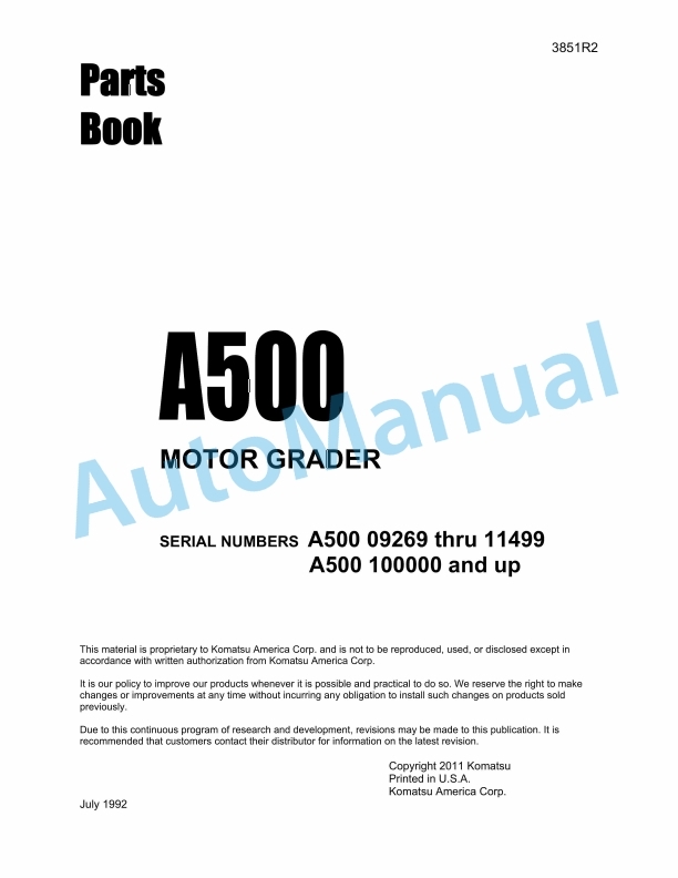 Komatsu A500 Motor Grader Parts Manual 3851R2