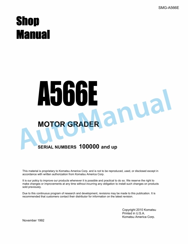 Komatsu A566E Motor Grader Shop Manual SMG-A566E