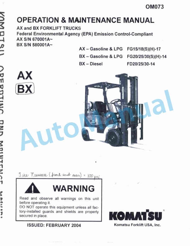 Komatsu AX and BX Forklift Truck Operation and Maintenance Manual OM073