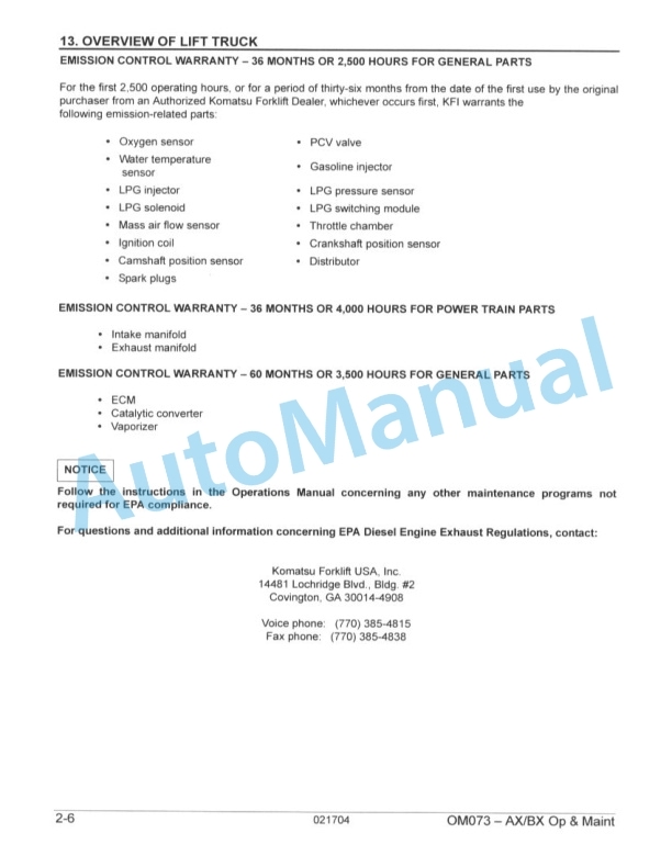 Komatsu AX and BX Forklift Truck Operation and Maintenance Manual OM073-3