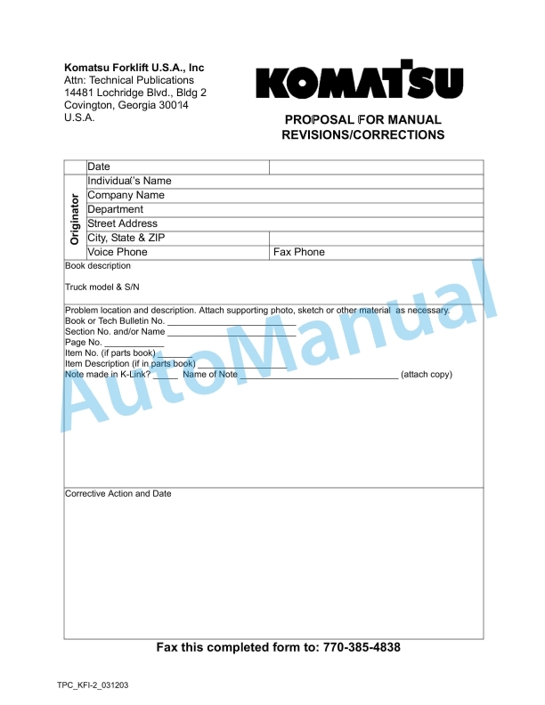 Komatsu AX Series Forklift Truck Parts Manual PM078-MC