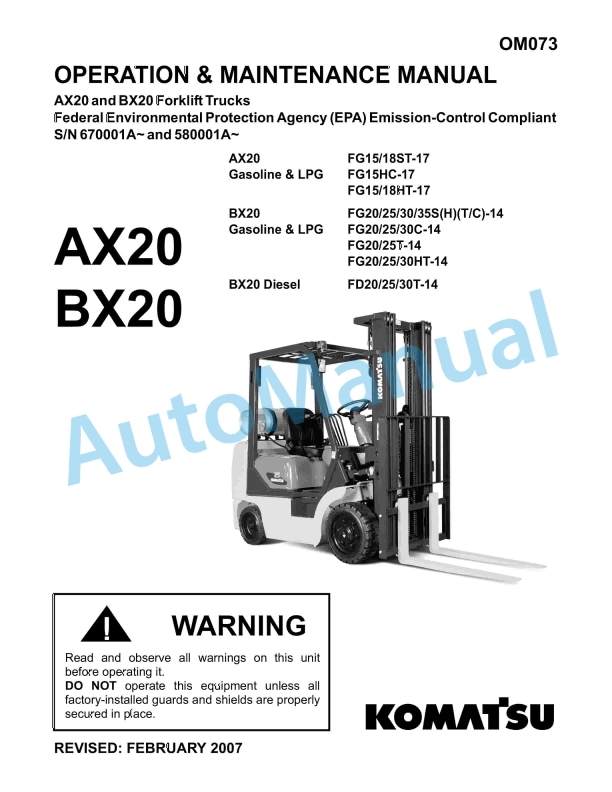 Komatsu AX20 and BX20 Forklift Truck Operation and Maintenance Manual OM073