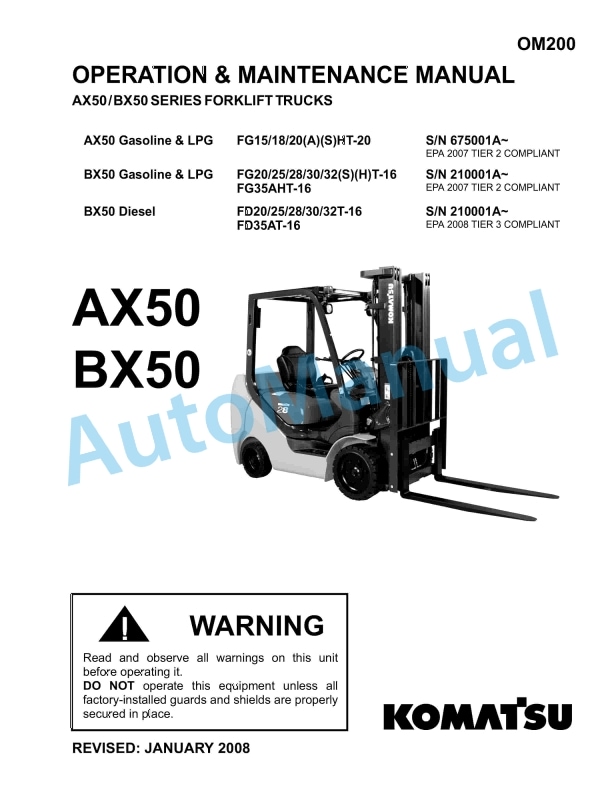 Komatsu AX50, BX50 Series Forklift Truck Operation and Maintenance Manual OM200