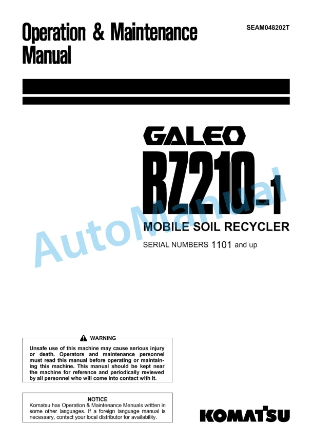 Komatsu BZ210-1 Mobile Soil Recycler Operation and Maintenance Manual SEAM048202T