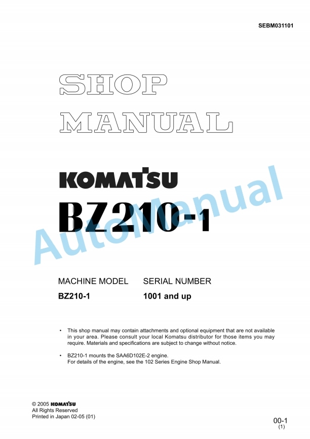Komatsu BZ210-1 Shop Manual SEBM031101
